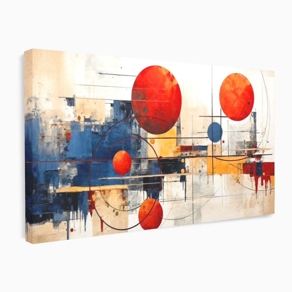Leinwand Premium Canvas Wandbilder, LuxCanva® J1019, Dekomponierter Raum, Kugeln, Rot, Orange, Orbits, Linien, Urban, Kontraste, Komposition, Dekorativ, Dekorativ, Fantasie, Wohnen, Schlafzimmer