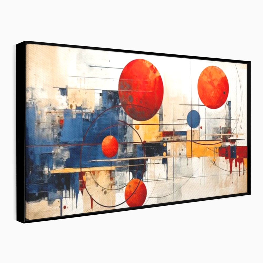 Leinwand Premium Canvas Wandbilder, LuxCanva® J1019, Dekomponierter Raum, Kugeln, Rot, Orange, Orbits, Linien, Urban, Kontraste, Komposition, Dekorativ, Dekorativ, Fantasie, Wohnen, Schlafzimmer