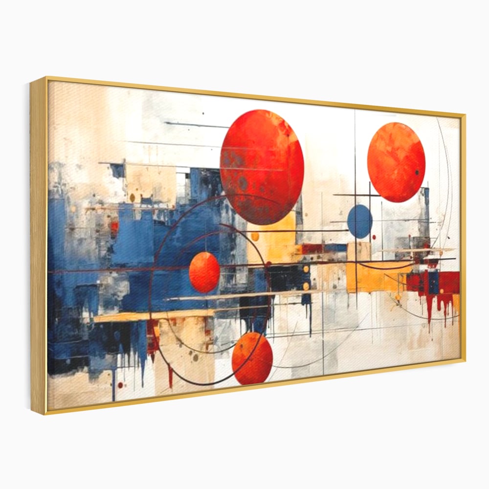Leinwand Premium Canvas Wandbilder, LuxCanva® J1019, Dekomponierter Raum, Kugeln, Rot, Orange, Orbits, Linien, Urban, Kontraste, Komposition, Dekorativ, Dekorativ, Fantasie, Wohnen, Schlafzimmer