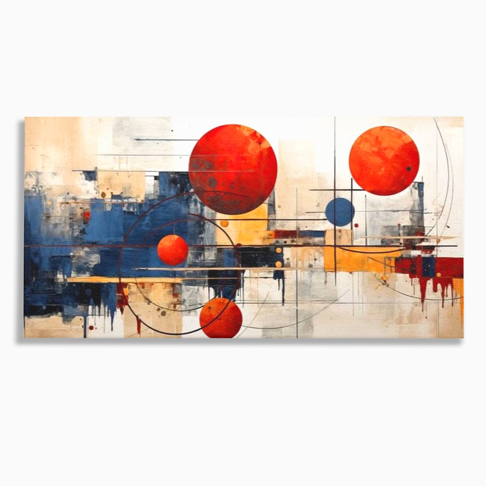 Leinwand Premium Canvas Wandbilder, LuxCanva® J1019, Dekomponierter Raum, Kugeln, Rot, Orange, Orbits, Linien, Urban, Kontraste, Komposition, Dekorativ, Dekorativ, Fantasie, Wohnen, Schlafzimmer