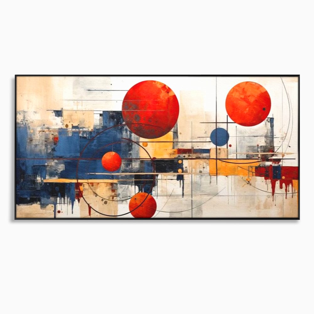 Leinwand Premium Canvas Wandbilder, LuxCanva® J1019, Dekomponierter Raum, Kugeln, Rot, Orange, Orbits, Linien, Urban, Kontraste, Komposition, Dekorativ, Dekorativ, Fantasie, Wohnen, Schlafzimmer