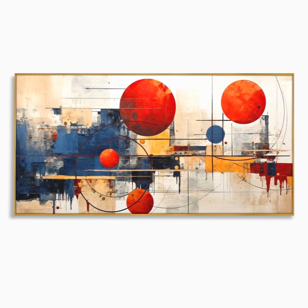 Leinwand Premium Canvas Wandbilder, LuxCanva® J1019, Dekomponierter Raum, Kugeln, Rot, Orange, Orbits, Linien, Urban, Kontraste, Komposition, Dekorativ, Dekorativ, Fantasie, Wohnen, Schlafzimmer