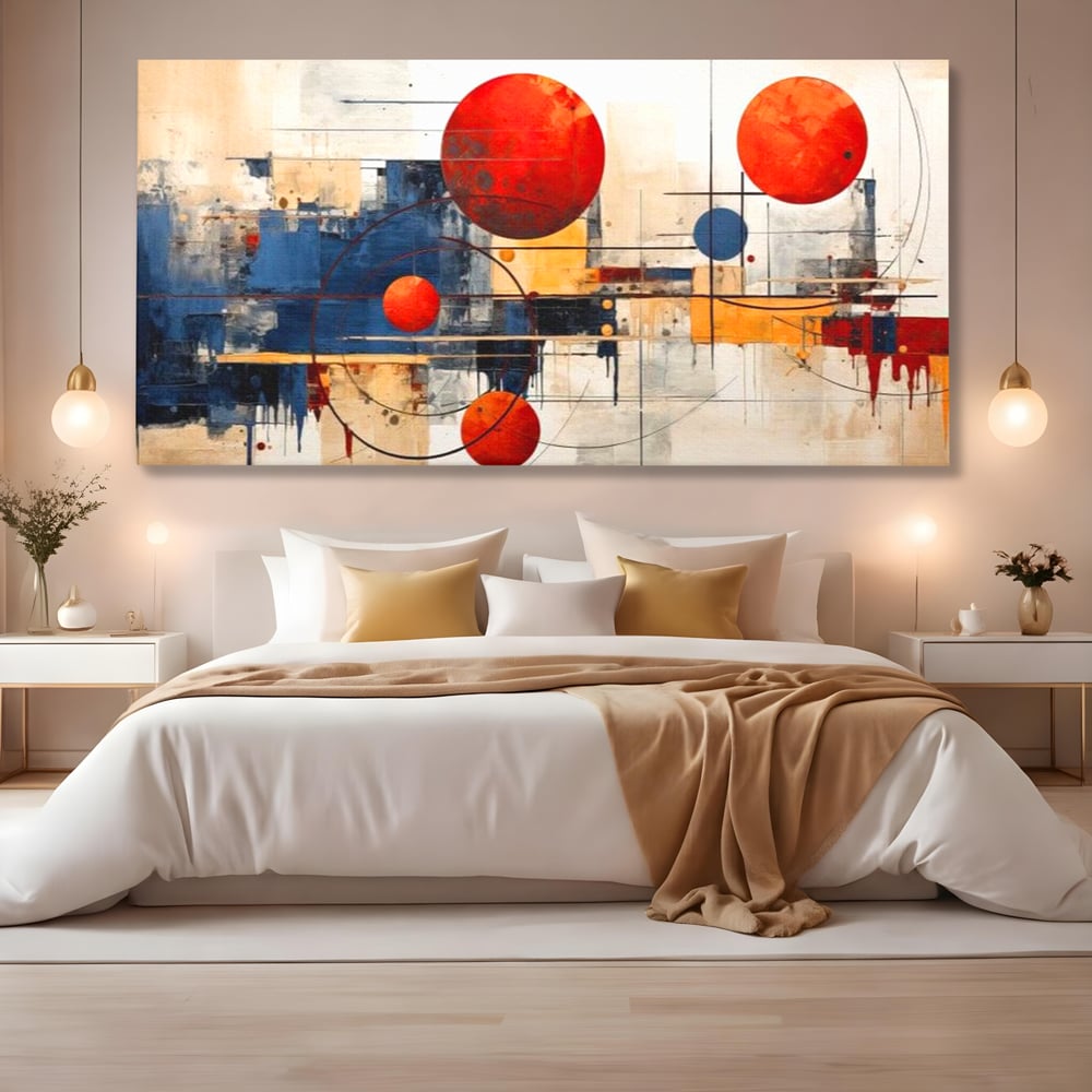 Leinwand Premium Canvas Wandbilder, LuxCanva® J1019, Dekomponierter Raum, Kugeln, Rot, Orange, Orbits, Linien, Urban, Kontraste, Komposition, Dekorativ, Dekorativ, Fantasie, Wohnen, Schlafzimmer