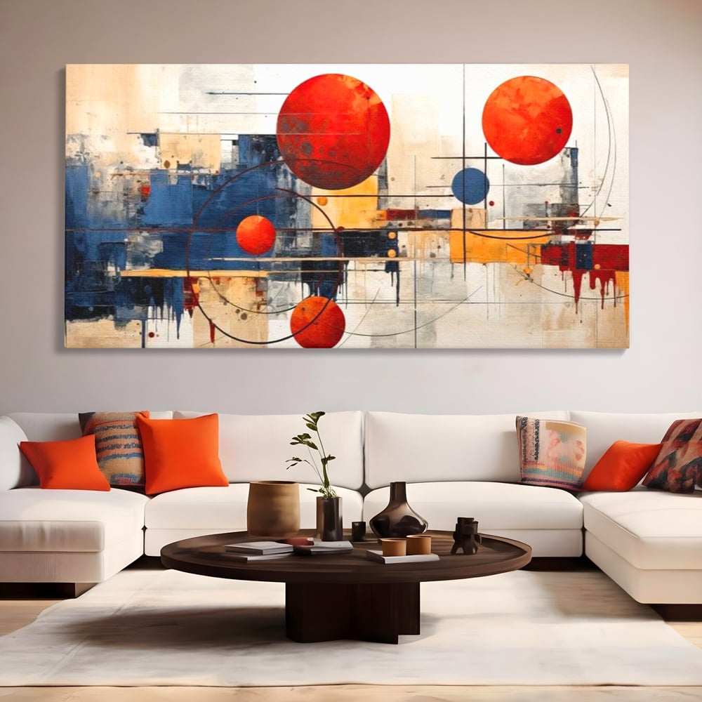 Leinwand Premium Canvas Wandbilder, LuxCanva® J1019, Dekomponierter Raum, Kugeln, Rot, Orange, Orbits, Linien, Urban, Kontraste, Komposition, Dekorativ, Dekorativ, Fantasie, Wohnen, Schlafzimmer