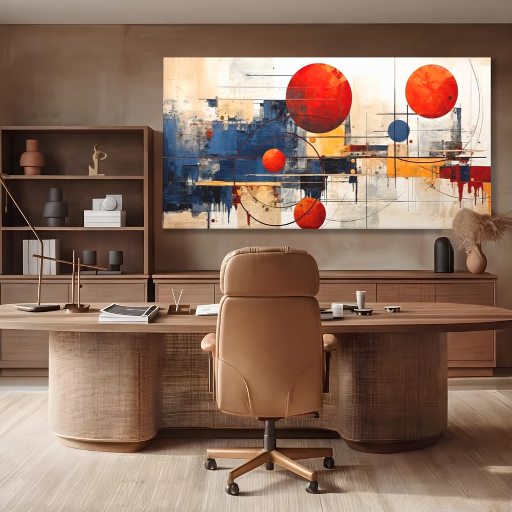 Leinwand Premium Canvas Wandbilder, LuxCanva® J1019, Dekomponierter Raum, Kugeln, Rot, Orange, Orbits, Linien, Urban, Kontraste, Komposition, Dekorativ, Dekorativ, Fantasie, Wohnen, Schlafzimmer