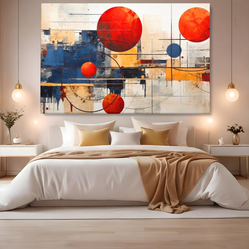 Leinwand Premium Canvas Wandbilder, LuxCanva® J1019, Dekomponierter Raum, Kugeln, Rot, Orange, Orbits, Linien, Urban, Kontraste, Komposition, Dekorativ, Dekorativ, Fantasie, Wohnen, Schlafzimmer