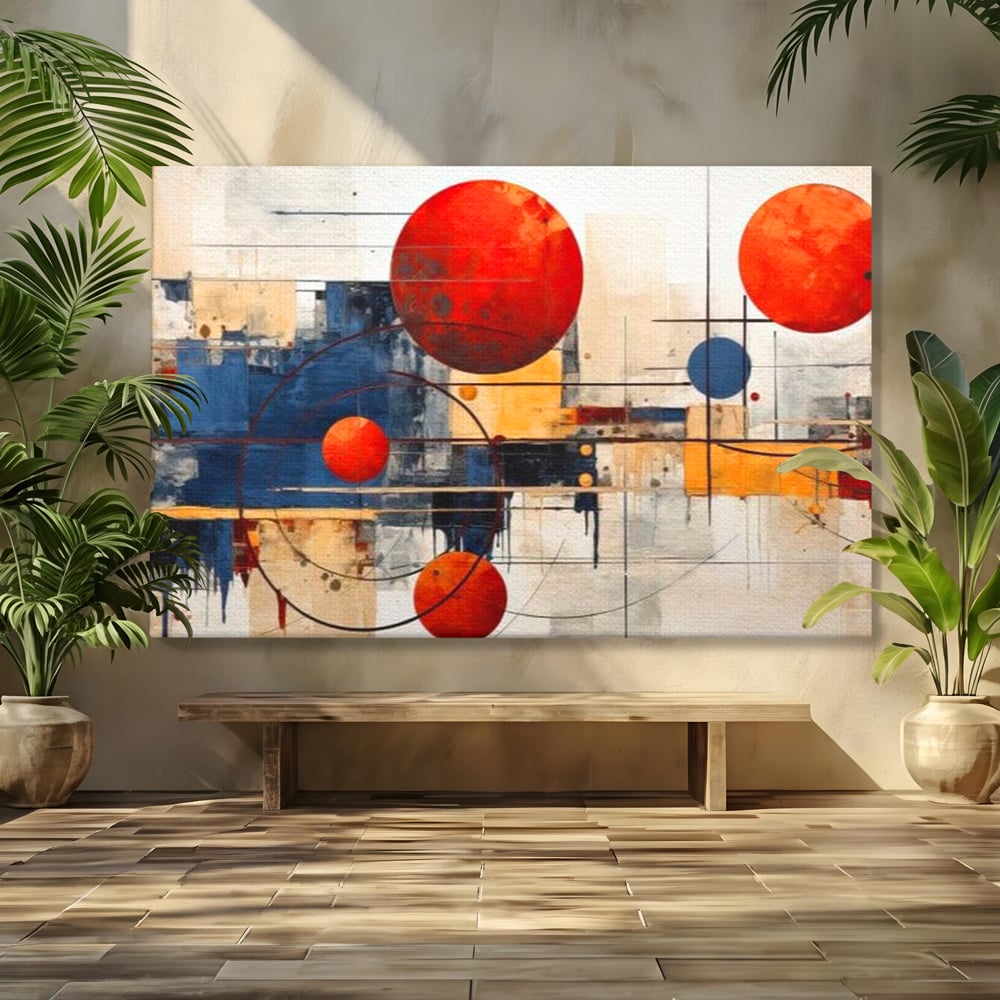 Leinwand Premium Canvas Wandbilder, LuxCanva® J1019, Dekomponierter Raum, Kugeln, Rot, Orange, Orbits, Linien, Urban, Kontraste, Komposition, Dekorativ, Dekorativ, Fantasie, Wohnen, Schlafzimmer