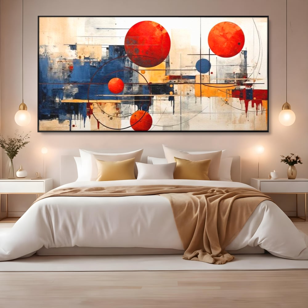 Leinwand Premium Canvas Wandbilder, LuxCanva® J1019, Dekomponierter Raum, Kugeln, Rot, Orange, Orbits, Linien, Urban, Kontraste, Komposition, Dekorativ, Dekorativ, Fantasie, Wohnen, Schlafzimmer