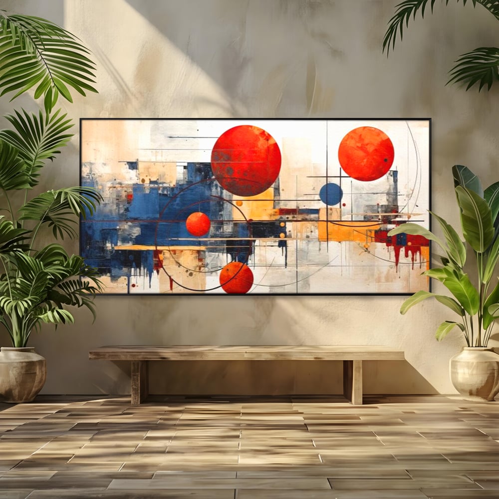 Leinwand Premium Canvas Wandbilder, LuxCanva® J1019, Dekomponierter Raum, Kugeln, Rot, Orange, Orbits, Linien, Urban, Kontraste, Komposition, Dekorativ, Dekorativ, Fantasie, Wohnen, Schlafzimmer