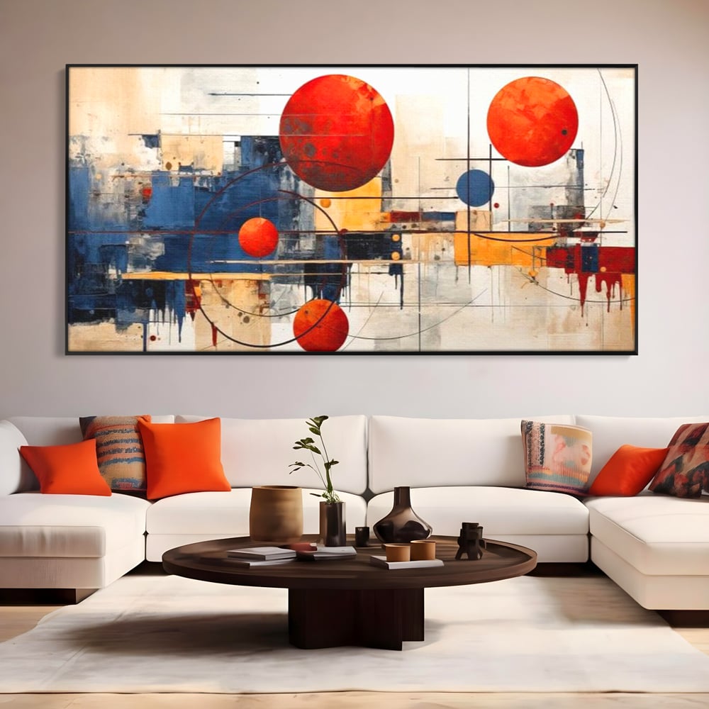 Leinwand Premium Canvas Wandbilder, LuxCanva® J1019, Dekomponierter Raum, Kugeln, Rot, Orange, Orbits, Linien, Urban, Kontraste, Komposition, Dekorativ, Dekorativ, Fantasie, Wohnen, Schlafzimmer