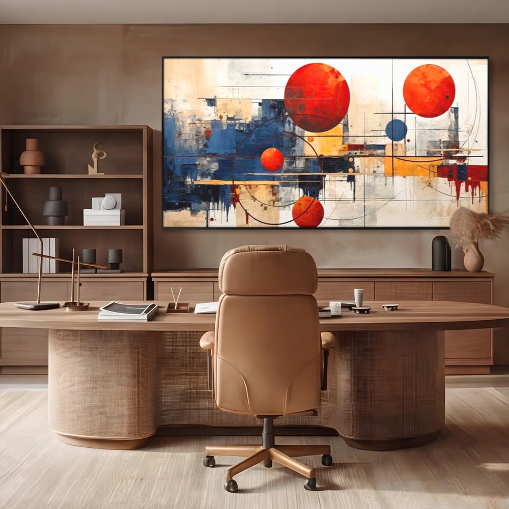 Leinwand Premium Canvas Wandbilder, LuxCanva® J1019, Dekomponierter Raum, Kugeln, Rot, Orange, Orbits, Linien, Urban, Kontraste, Komposition, Dekorativ, Dekorativ, Fantasie, Wohnen, Schlafzimmer