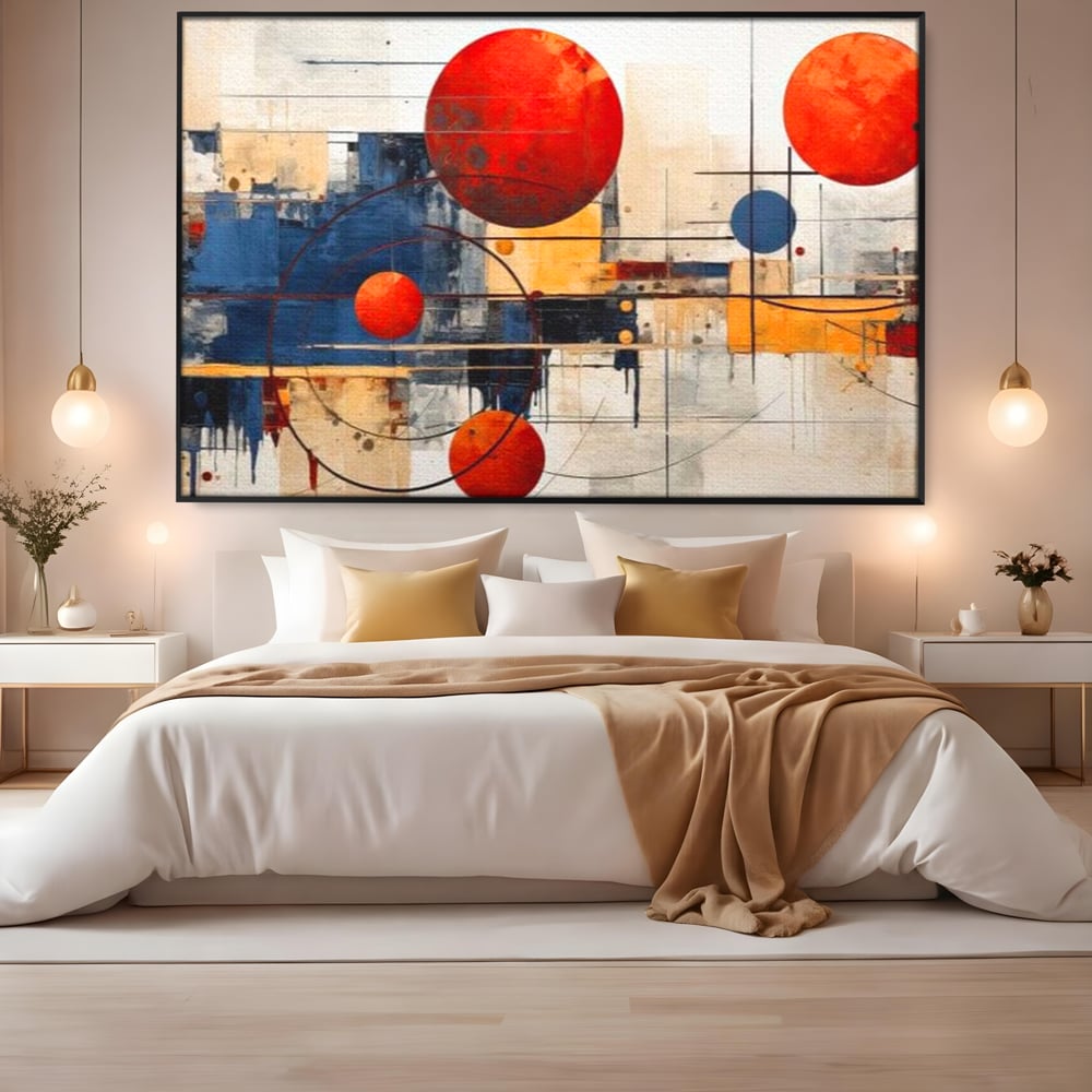 Leinwand Premium Canvas Wandbilder, LuxCanva® J1019, Dekomponierter Raum, Kugeln, Rot, Orange, Orbits, Linien, Urban, Kontraste, Komposition, Dekorativ, Dekorativ, Fantasie, Wohnen, Schlafzimmer