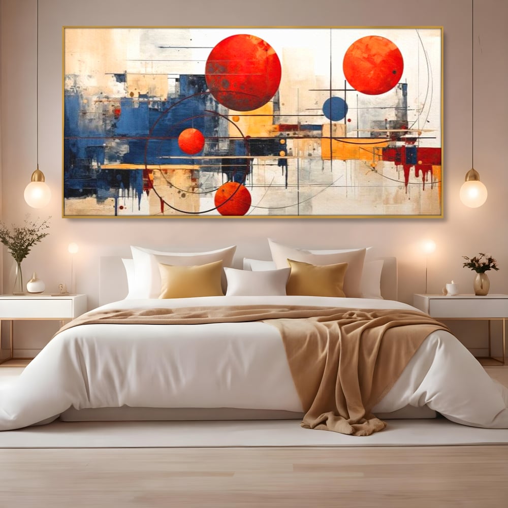 Leinwand Premium Canvas Wandbilder, LuxCanva® J1019, Dekomponierter Raum, Kugeln, Rot, Orange, Orbits, Linien, Urban, Kontraste, Komposition, Dekorativ, Dekorativ, Fantasie, Wohnen, Schlafzimmer