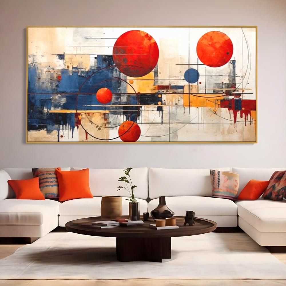 Leinwand Premium Canvas Wandbilder, LuxCanva® J1019, Dekomponierter Raum, Kugeln, Rot, Orange, Orbits, Linien, Urban, Kontraste, Komposition, Dekorativ, Dekorativ, Fantasie, Wohnen, Schlafzimmer
