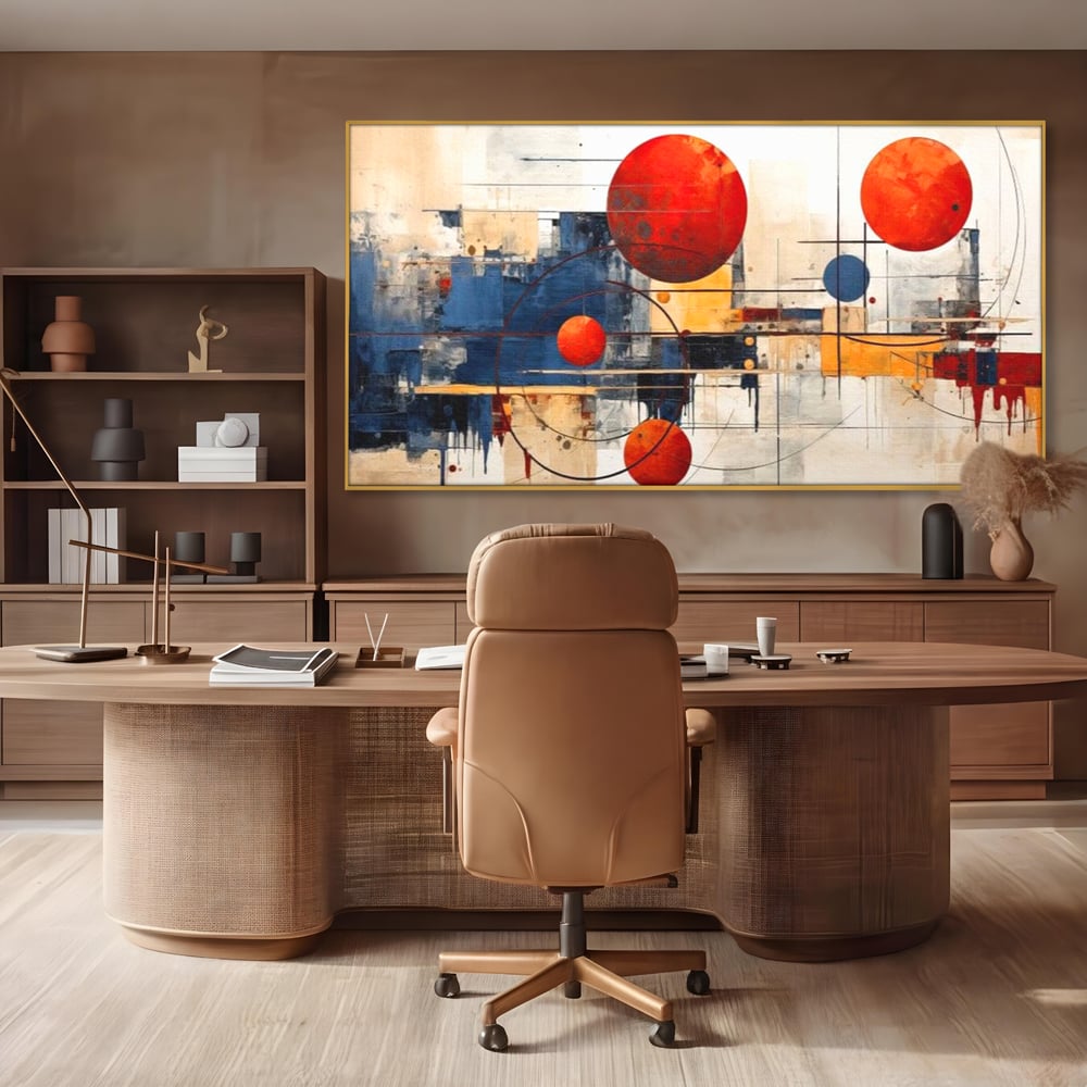 Leinwand Premium Canvas Wandbilder, LuxCanva® J1019, Dekomponierter Raum, Kugeln, Rot, Orange, Orbits, Linien, Urban, Kontraste, Komposition, Dekorativ, Dekorativ, Fantasie, Wohnen, Schlafzimmer