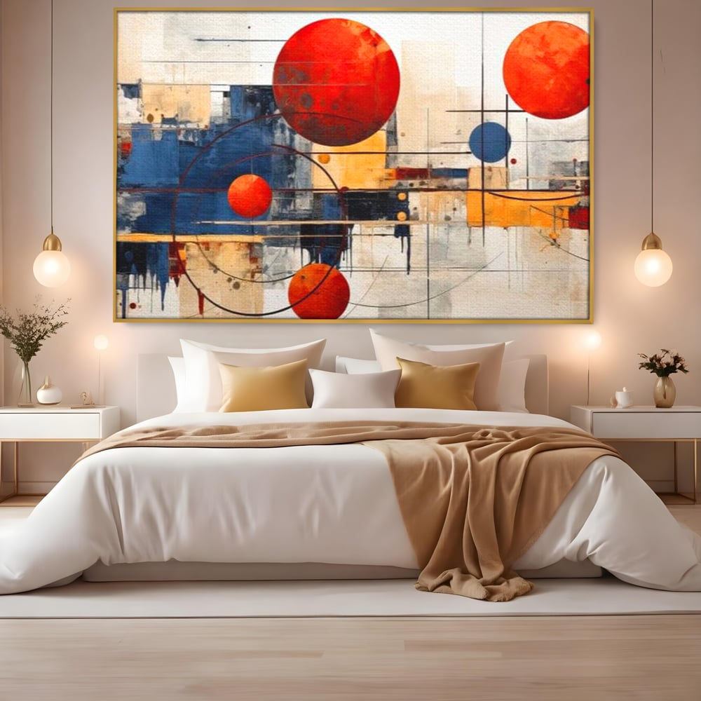 Leinwand Premium Canvas Wandbilder, LuxCanva® J1019, Dekomponierter Raum, Kugeln, Rot, Orange, Orbits, Linien, Urban, Kontraste, Komposition, Dekorativ, Dekorativ, Fantasie, Wohnen, Schlafzimmer