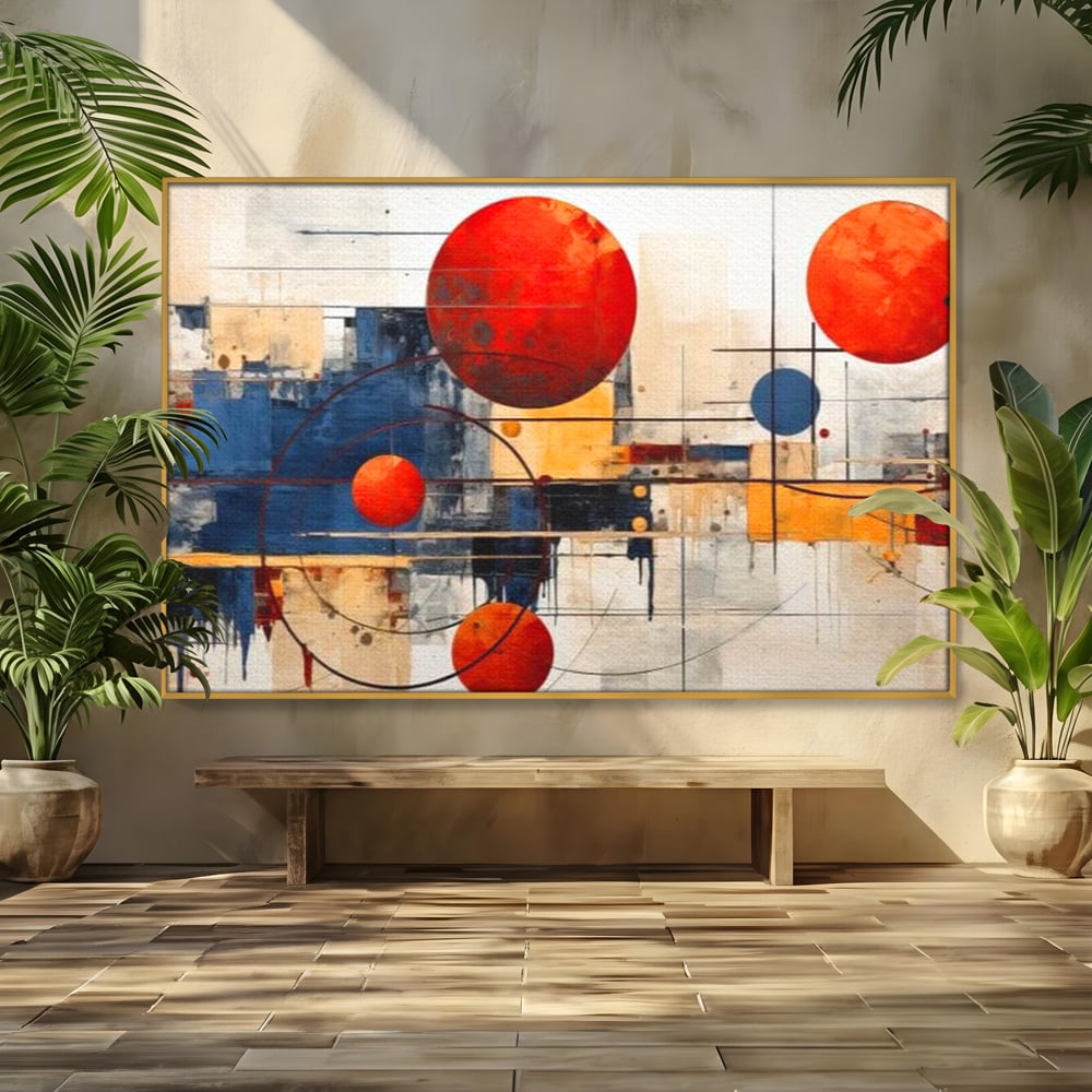 Leinwand Premium Canvas Wandbilder, LuxCanva® J1019, Dekomponierter Raum, Kugeln, Rot, Orange, Orbits, Linien, Urban, Kontraste, Komposition, Dekorativ, Dekorativ, Fantasie, Wohnen, Schlafzimmer