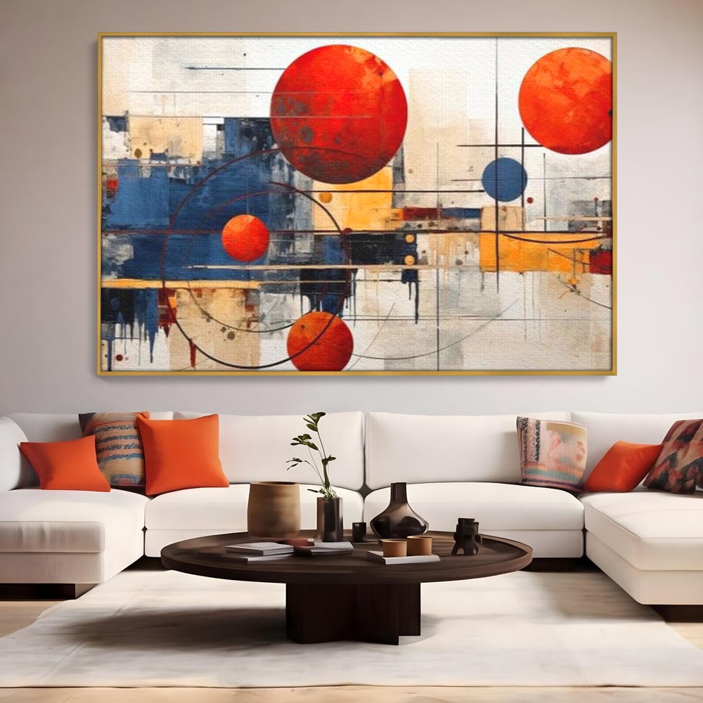 Leinwand Premium Canvas Wandbilder, LuxCanva® J1019, Dekomponierter Raum, Kugeln, Rot, Orange, Orbits, Linien, Urban, Kontraste, Komposition, Dekorativ, Dekorativ, Fantasie, Wohnen, Schlafzimmer