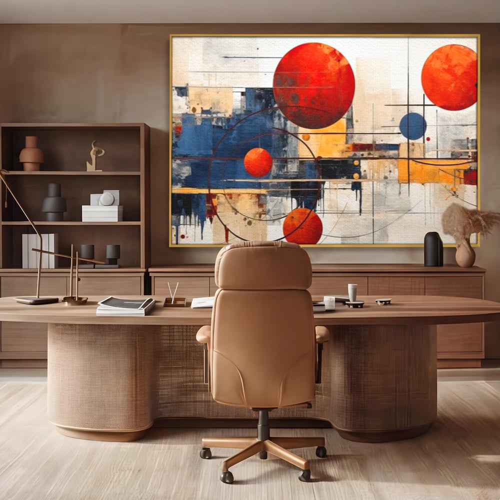 Leinwand Premium Canvas Wandbilder, LuxCanva® J1019, Dekomponierter Raum, Kugeln, Rot, Orange, Orbits, Linien, Urban, Kontraste, Komposition, Dekorativ, Dekorativ, Fantasie, Wohnen, Schlafzimmer