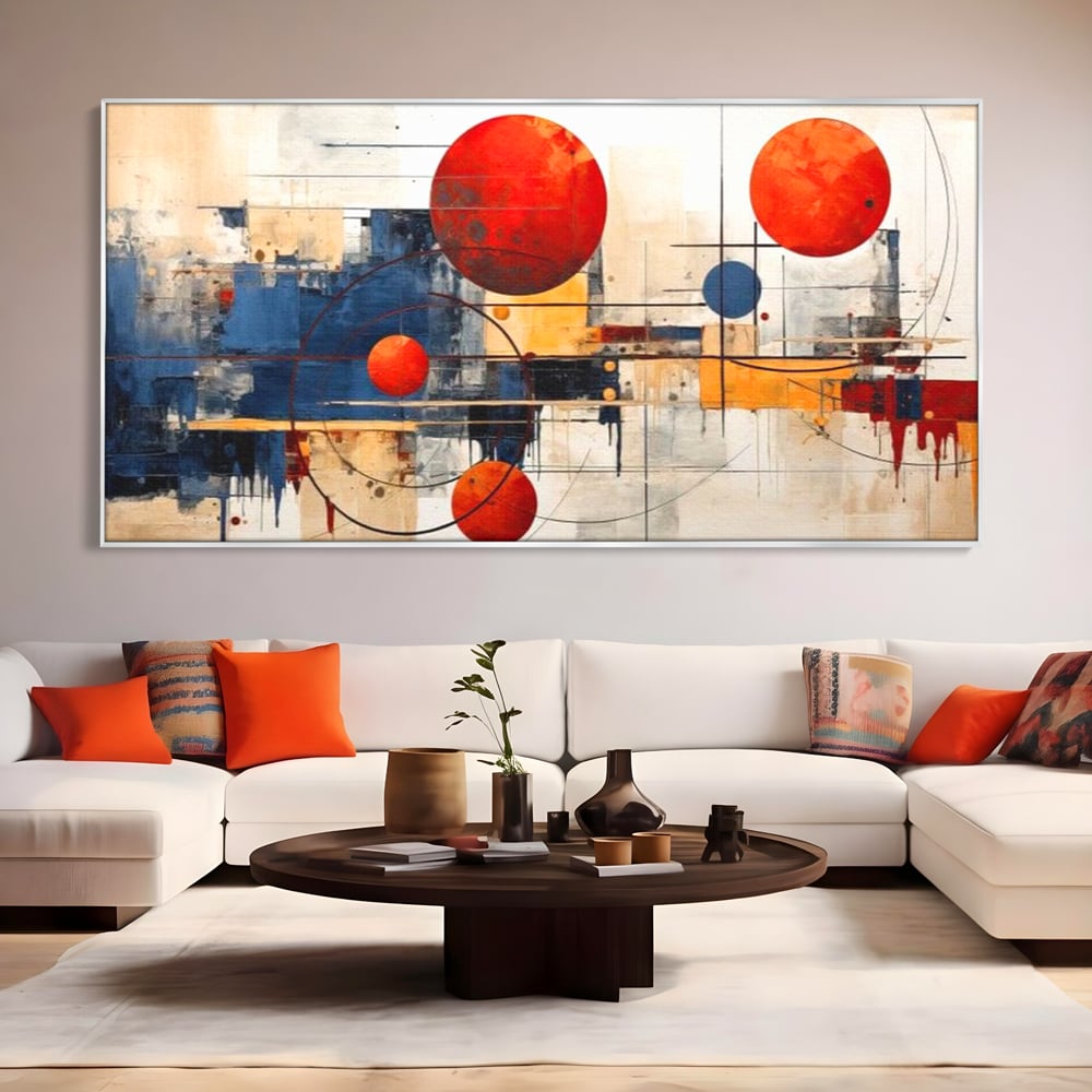 Leinwand Premium Canvas Wandbilder, LuxCanva® J1019, Dekomponierter Raum, Kugeln, Rot, Orange, Orbits, Linien, Urban, Kontraste, Komposition, Dekorativ, Dekorativ, Fantasie, Wohnen, Schlafzimmer
