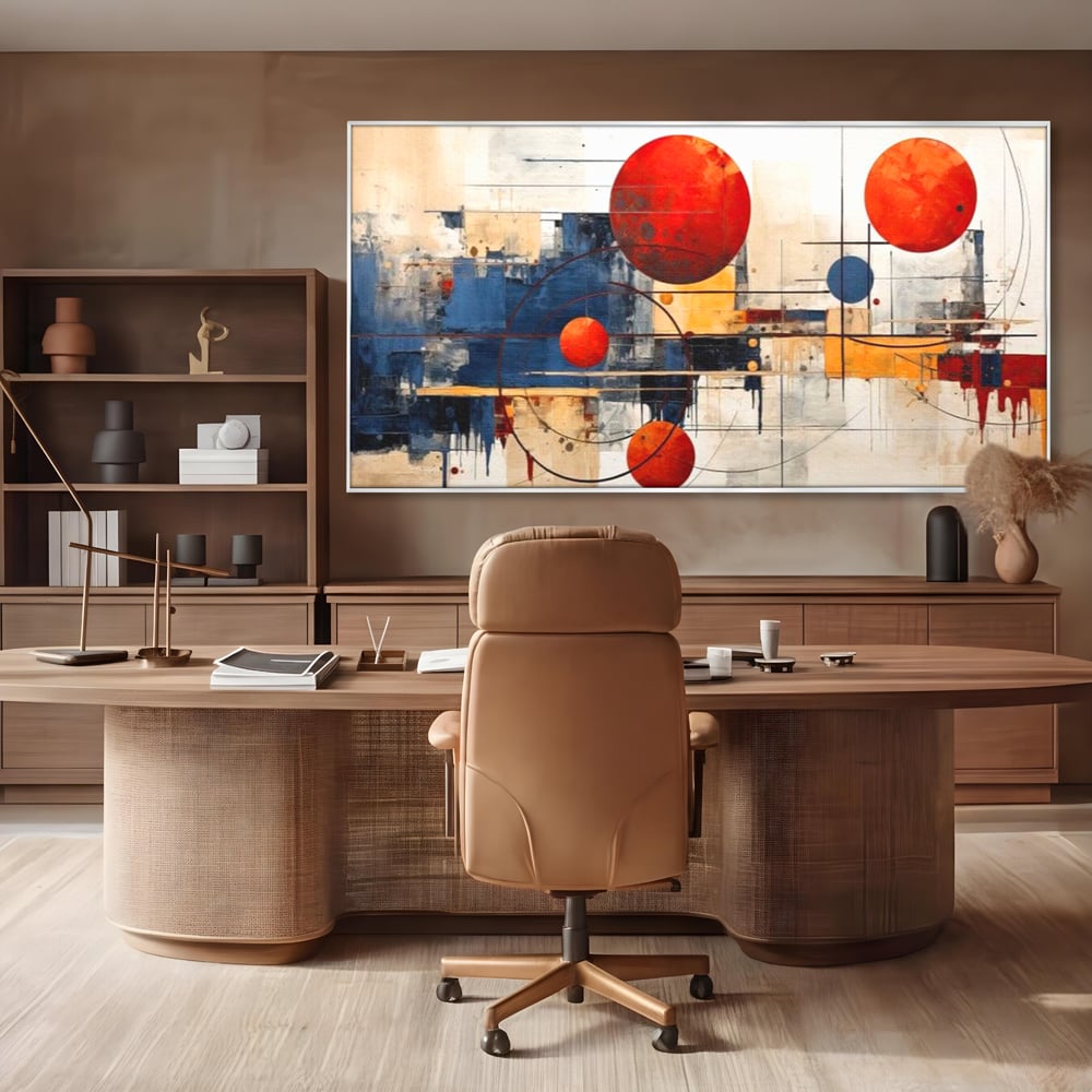 Leinwand Premium Canvas Wandbilder, LuxCanva® J1019, Dekomponierter Raum, Kugeln, Rot, Orange, Orbits, Linien, Urban, Kontraste, Komposition, Dekorativ, Dekorativ, Fantasie, Wohnen, Schlafzimmer