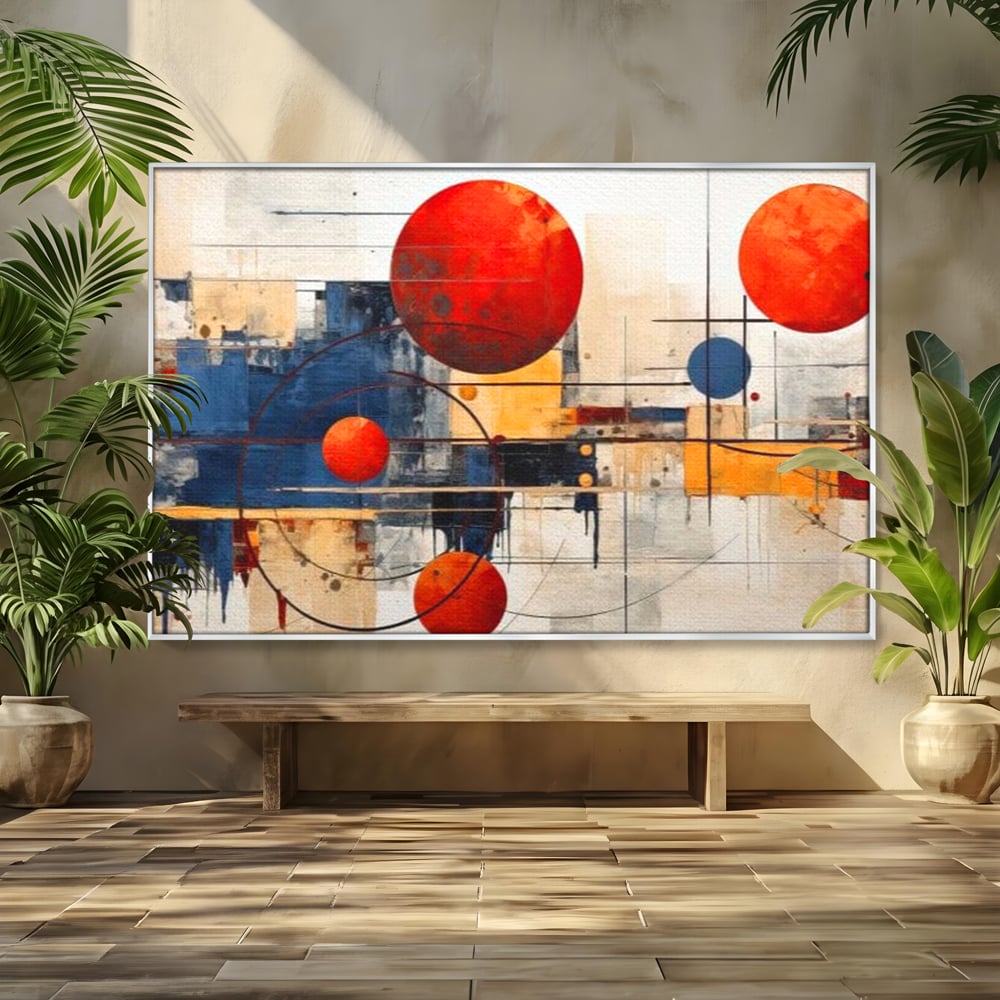 Leinwand Premium Canvas Wandbilder, LuxCanva® J1019, Dekomponierter Raum, Kugeln, Rot, Orange, Orbits, Linien, Urban, Kontraste, Komposition, Dekorativ, Dekorativ, Fantasie, Wohnen, Schlafzimmer