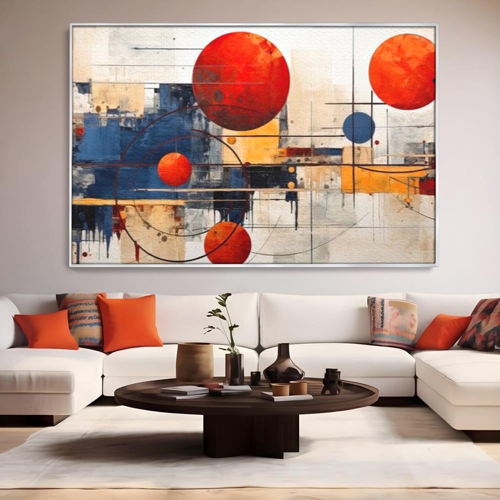 Leinwand Premium Canvas Wandbilder, LuxCanva® J1019, Dekomponierter Raum, Kugeln, Rot, Orange, Orbits, Linien, Urban, Kontraste, Komposition, Dekorativ, Dekorativ, Fantasie, Wohnen, Schlafzimmer