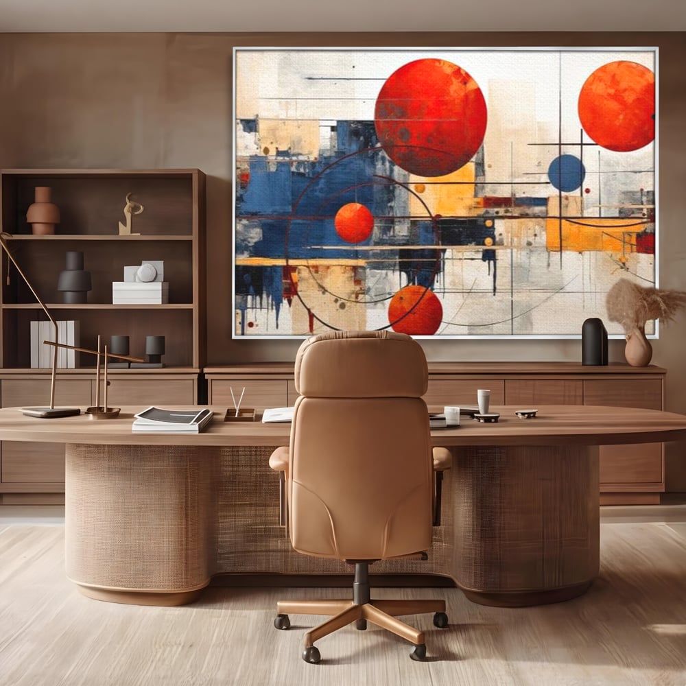 Leinwand Premium Canvas Wandbilder, LuxCanva® J1019, Dekomponierter Raum, Kugeln, Rot, Orange, Orbits, Linien, Urban, Kontraste, Komposition, Dekorativ, Dekorativ, Fantasie, Wohnen, Schlafzimmer