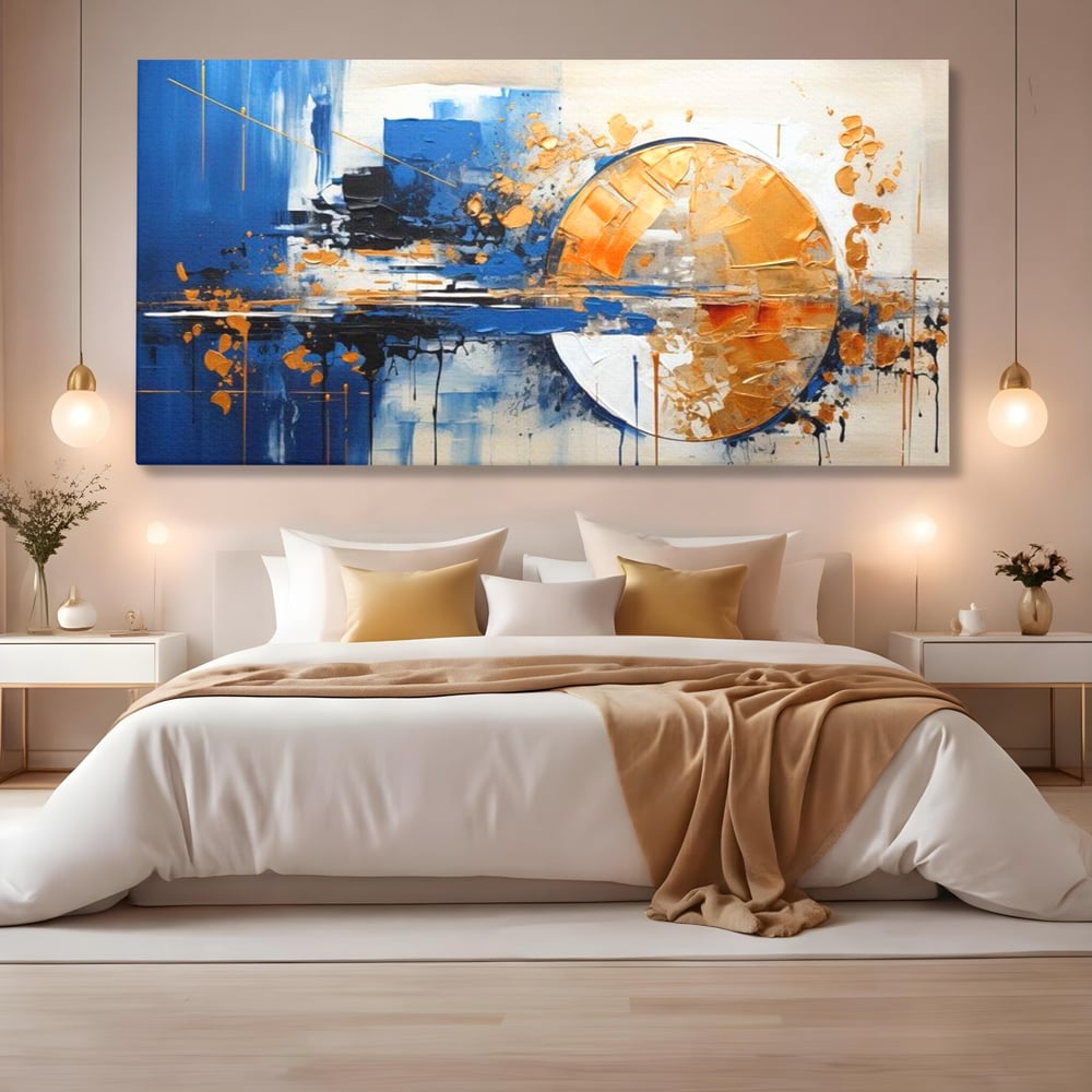 Leinwand Wandkunst Canvas Premium, LuxCanva® J1022, Goldene Eklipse, Glühen, Glitzer, Eleganz, Fluss, Universum, Aufgang, Wirbel, Tanz, Farben, Wellen, Golden, Wohnen, Schlafzimmer