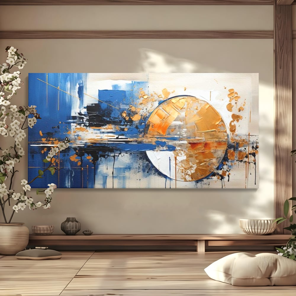 Leinwand Wandkunst Canvas Premium, LuxCanva® J1022, Goldene Eklipse, Glühen, Glitzer, Eleganz, Fluss, Universum, Aufgang, Wirbel, Tanz, Farben, Wellen, Golden, Wohnen, Schlafzimmer