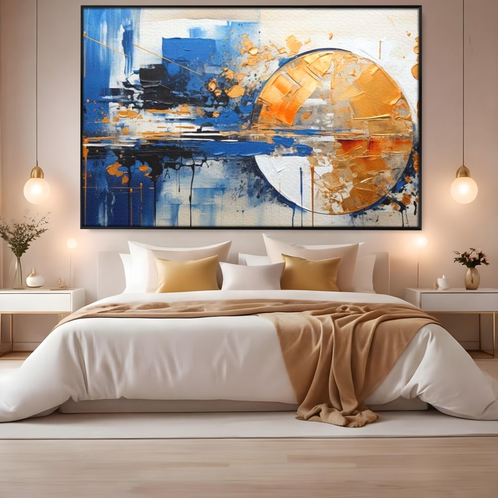 Leinwand Wandkunst Canvas Premium, LuxCanva® J1022, Goldene Eklipse, Glühen, Glitzer, Eleganz, Fluss, Universum, Aufgang, Wirbel, Tanz, Farben, Wellen, Golden, Wohnen, Schlafzimmer