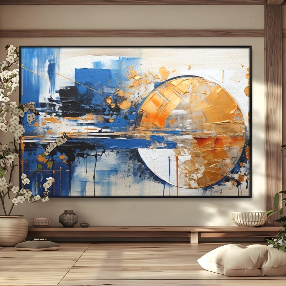 Leinwand Wandkunst Canvas Premium, LuxCanva® J1022, Goldene Eklipse, Glühen, Glitzer, Eleganz, Fluss, Universum, Aufgang, Wirbel, Tanz, Farben, Wellen, Golden, Wohnen, Schlafzimmer