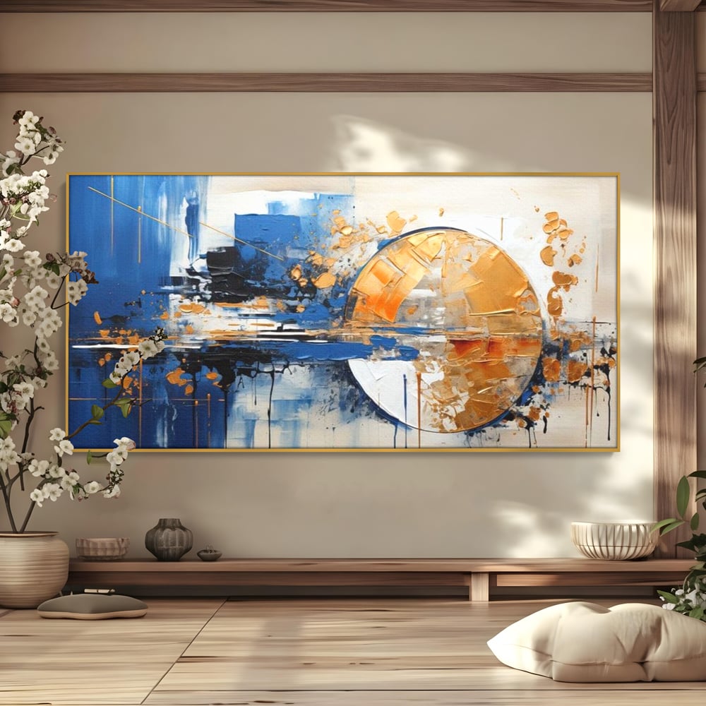 Leinwand Wandkunst Canvas Premium, LuxCanva® J1022, Goldene Eklipse, Glühen, Glitzer, Eleganz, Fluss, Universum, Aufgang, Wirbel, Tanz, Farben, Wellen, Golden, Wohnen, Schlafzimmer