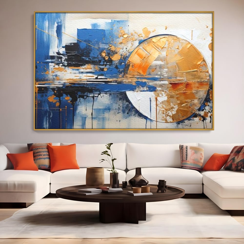 Leinwand Wandkunst Canvas Premium, LuxCanva® J1022, Goldene Eklipse, Glühen, Glitzer, Eleganz, Fluss, Universum, Aufgang, Wirbel, Tanz, Farben, Wellen, Golden, Wohnen, Schlafzimmer