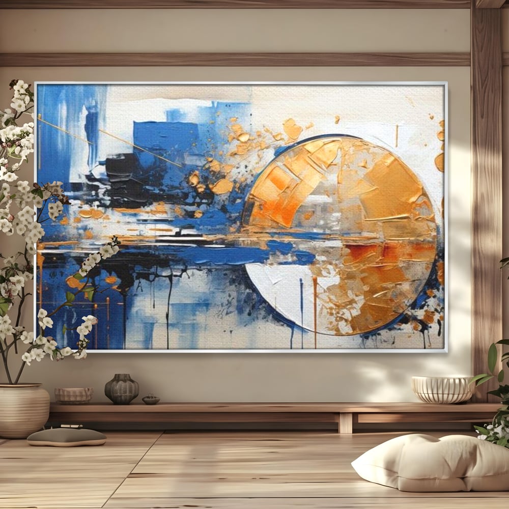 Leinwand Wandkunst Canvas Premium, LuxCanva® J1022, Goldene Eklipse, Glühen, Glitzer, Eleganz, Fluss, Universum, Aufgang, Wirbel, Tanz, Farben, Wellen, Golden, Wohnen, Schlafzimmer
