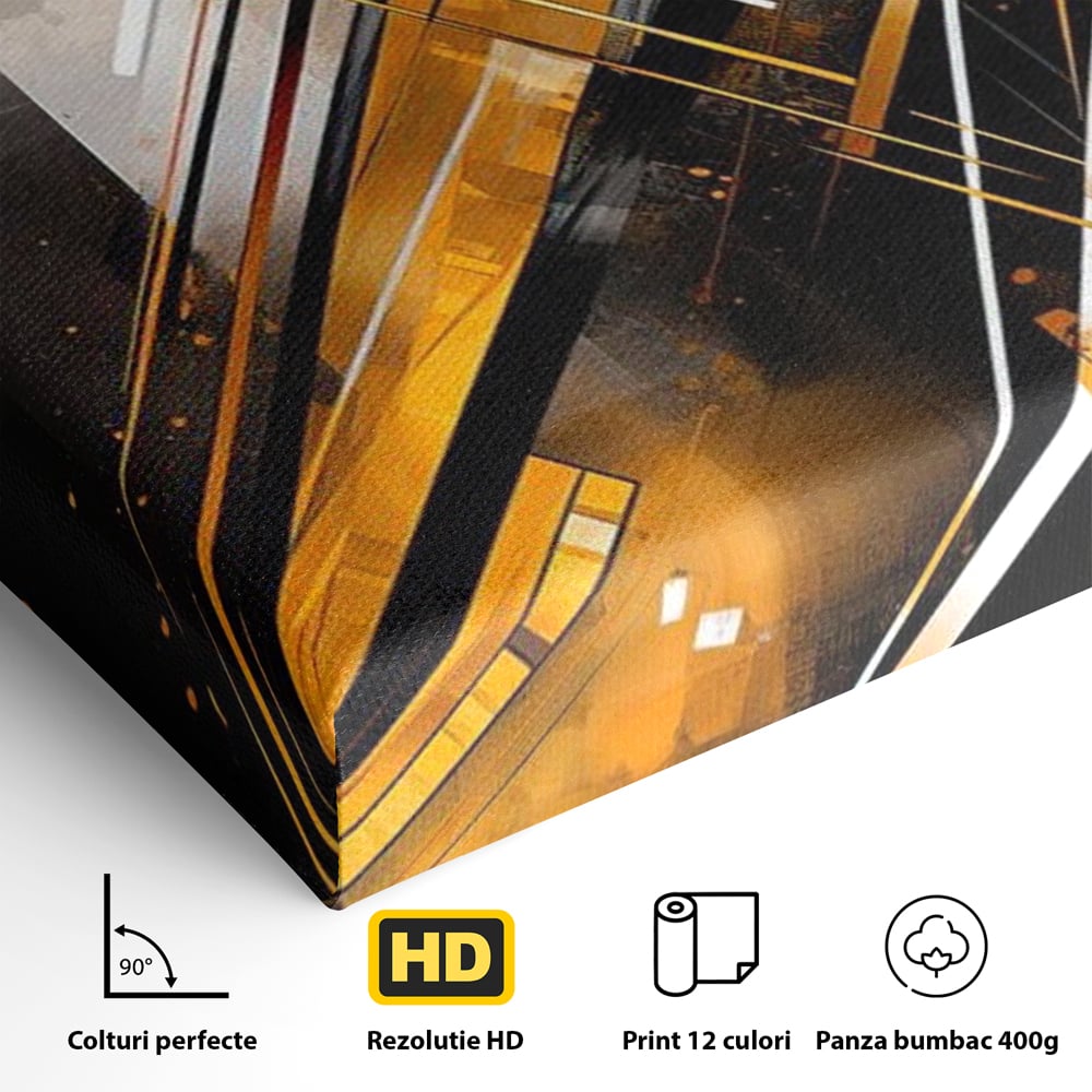 Tablou Canvas Premium, LuxCanva® J1026, Impactul Viitorului, Futurism, Putere, Stralucire, Inovatie, Miscare, Galben, Negru, Furtuna, Traiectorii, Living, Dormitor