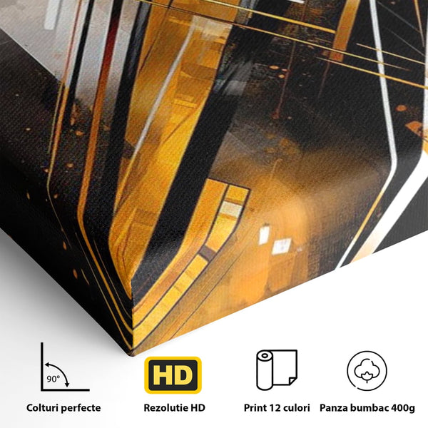 Tablou Canvas Premium, LuxCanva® J1026, Impactul Viitorului, Futurism, Putere, Stralucire, Inovatie, Miscare, Galben, Negru, Furtuna, Traiectorii, Living, Dormitor