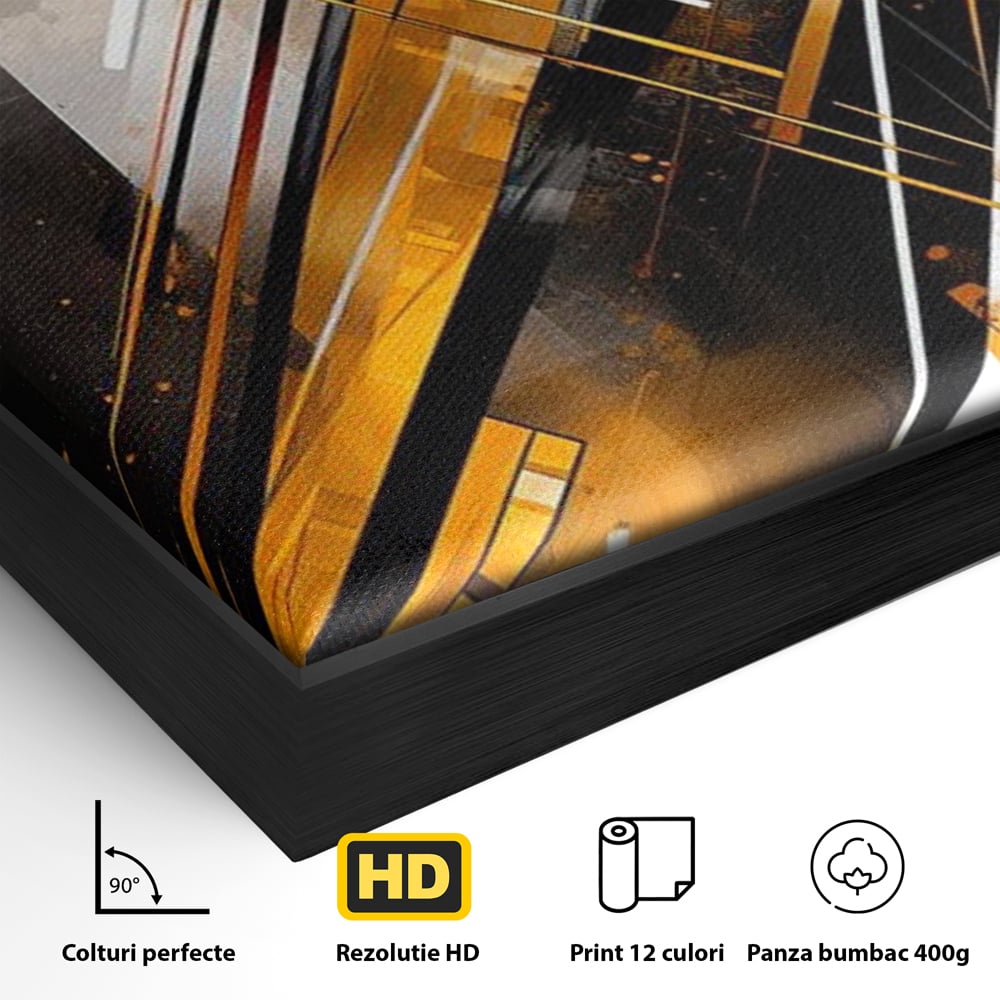 Tablou Canvas Premium, LuxCanva® J1026, Impactul Viitorului, Futurism, Putere, Stralucire, Inovatie, Miscare, Galben, Negru, Furtuna, Traiectorii, Living, Dormitor