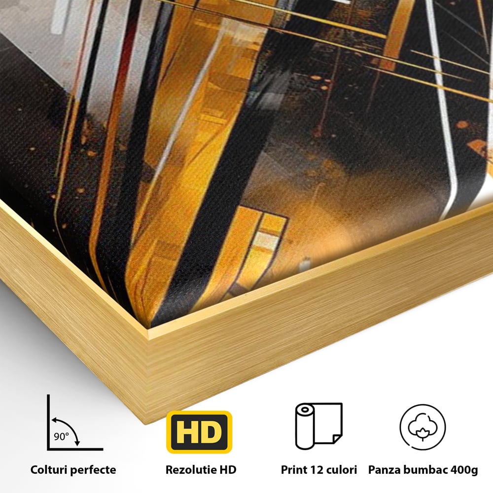 Tablou Canvas Premium, LuxCanva® J1026, Impactul Viitorului, Futurism, Putere, Stralucire, Inovatie, Miscare, Galben, Negru, Furtuna, Traiectorii, Living, Dormitor