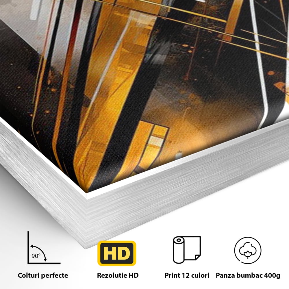 Tablou Canvas Premium, LuxCanva® J1026, Impactul Viitorului, Futurism, Putere, Stralucire, Inovatie, Miscare, Galben, Negru, Furtuna, Traiectorii, Living, Dormitor