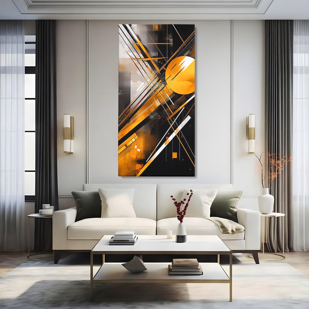 Tablou Canvas Premium, LuxCanva® J1026, Impactul Viitorului, Futurism, Putere, Stralucire, Inovatie, Miscare, Galben, Negru, Furtuna, Traiectorii, Living, Dormitor