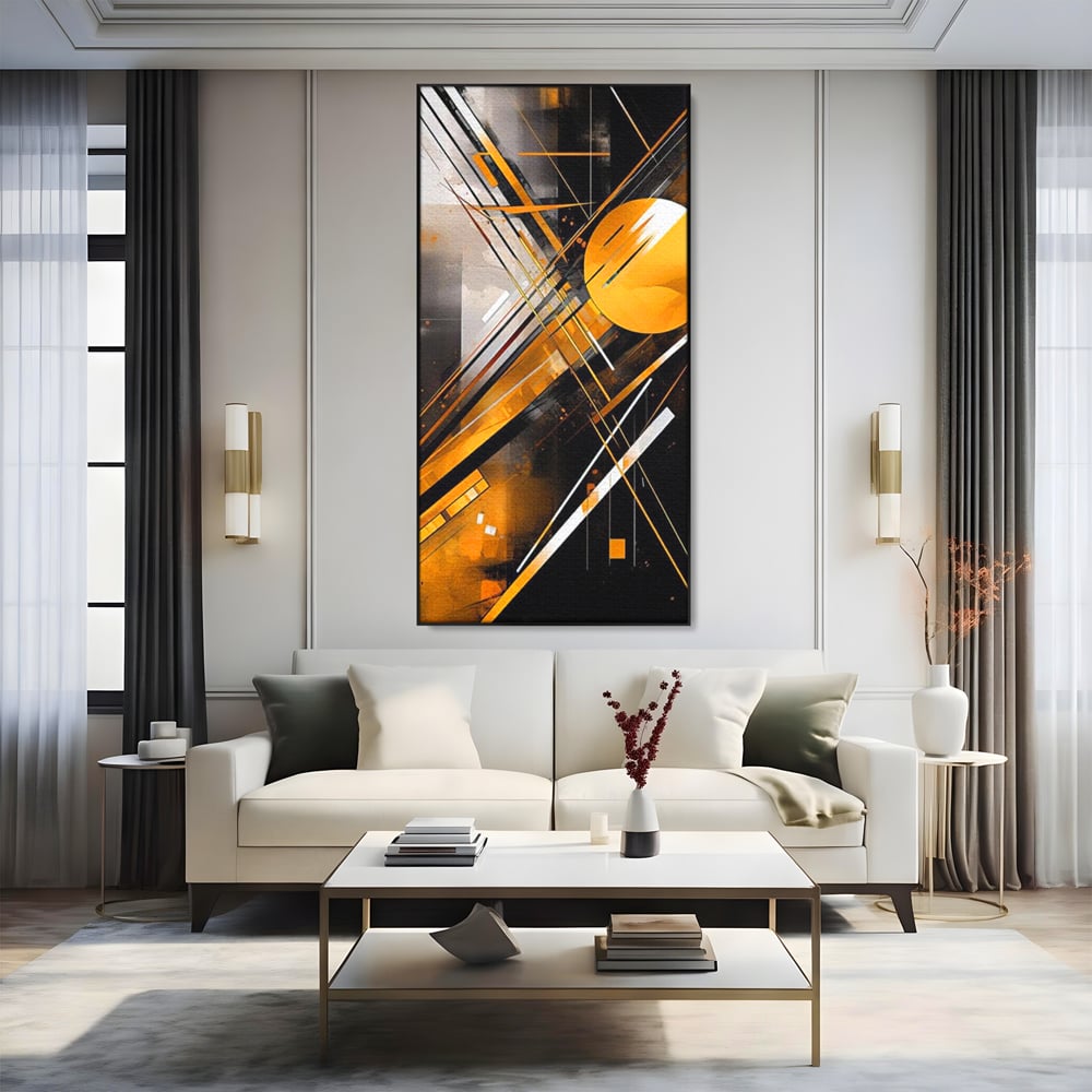 Tablou Canvas Premium, LuxCanva® J1026, Impactul Viitorului, Futurism, Putere, Stralucire, Inovatie, Miscare, Galben, Negru, Furtuna, Traiectorii, Living, Dormitor