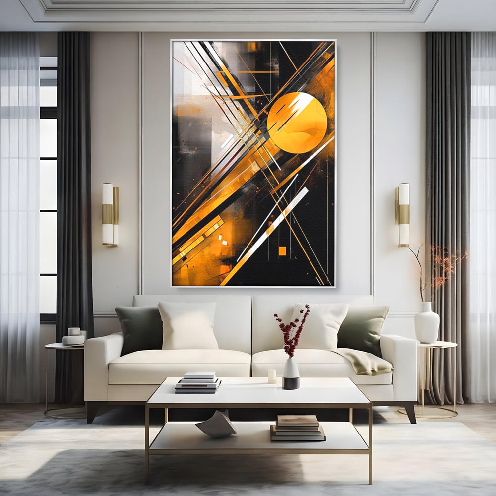 Tablou Canvas Premium, LuxCanva® J1026, Impactul Viitorului, Futurism, Putere, Stralucire, Inovatie, Miscare, Galben, Negru, Furtuna, Traiectorii, Living, Dormitor