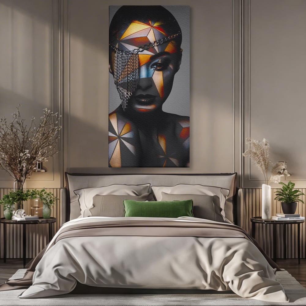 Tablou Canvas Premium, LuxCanva® J1028, Prizoniera in Stralucire, Mister, Lanturi, Chip, Identitate, Femeie, Portret, Privire, Fotomodel, Revista, Glamour, Living, Dormitor