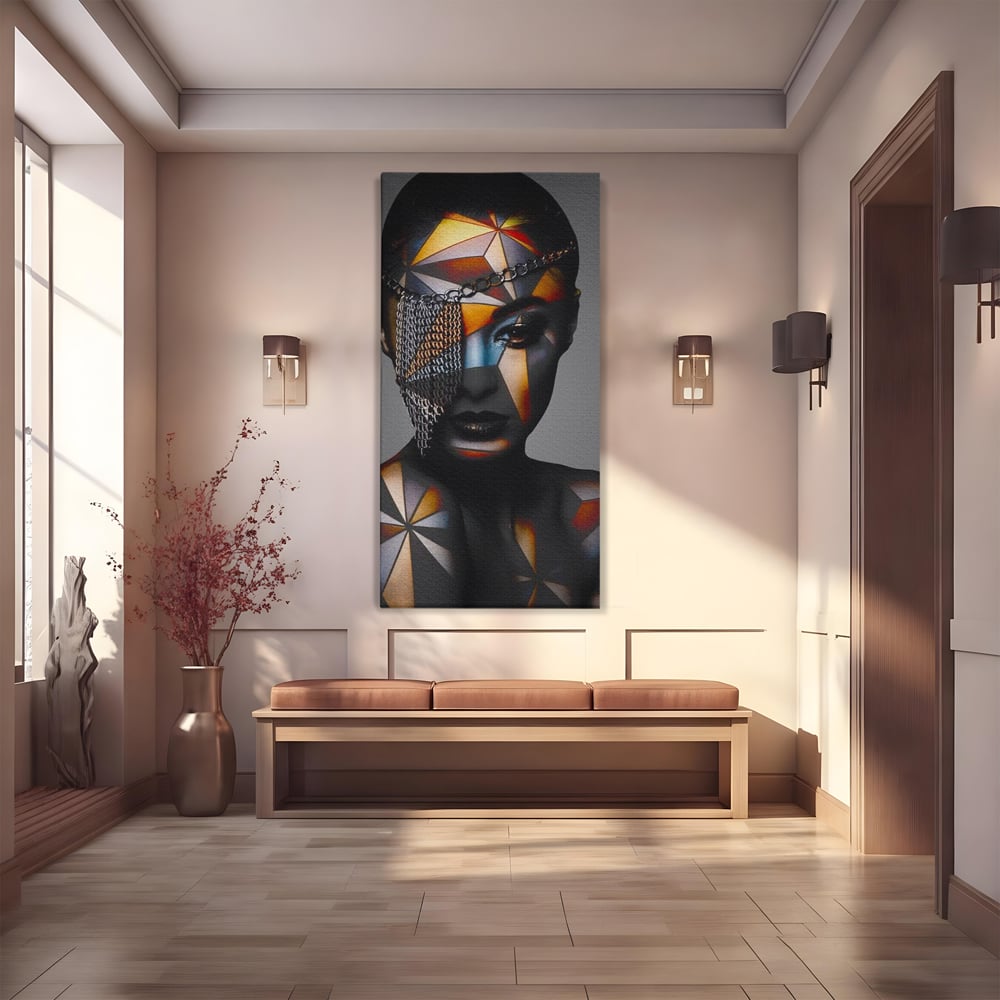 Tablou Canvas Premium, LuxCanva® J1028, Prizoniera in Stralucire, Mister, Lanturi, Chip, Identitate, Femeie, Portret, Privire, Fotomodel, Revista, Glamour, Living, Dormitor