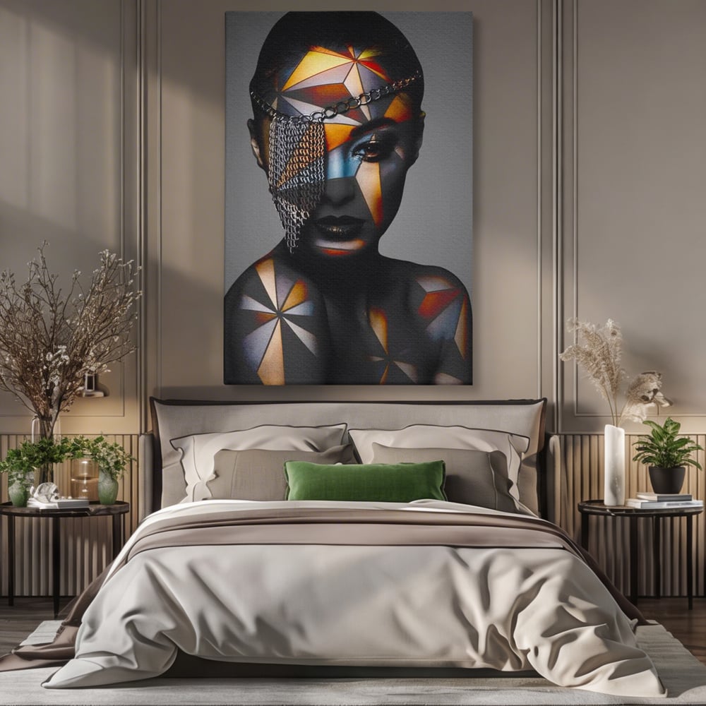 Tablou Canvas Premium, LuxCanva® J1028, Prizoniera in Stralucire, Mister, Lanturi, Chip, Identitate, Femeie, Portret, Privire, Fotomodel, Revista, Glamour, Living, Dormitor