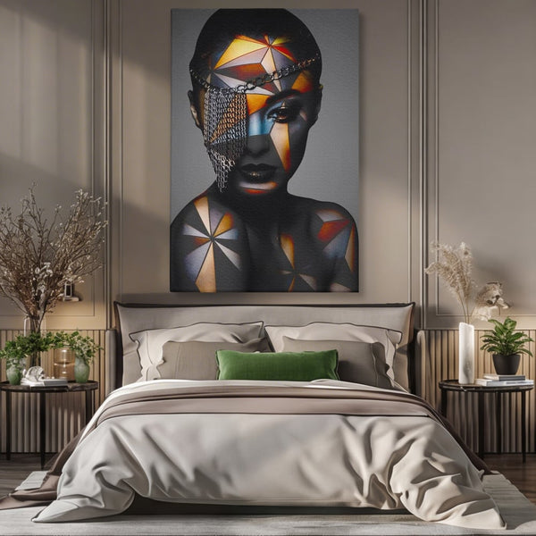 Tablou Canvas Premium, LuxCanva® J1028, Prizoniera in Stralucire, Mister, Lanturi, Chip, Identitate, Femeie, Portret, Privire, Fotomodel, Revista, Glamour, Living, Dormitor