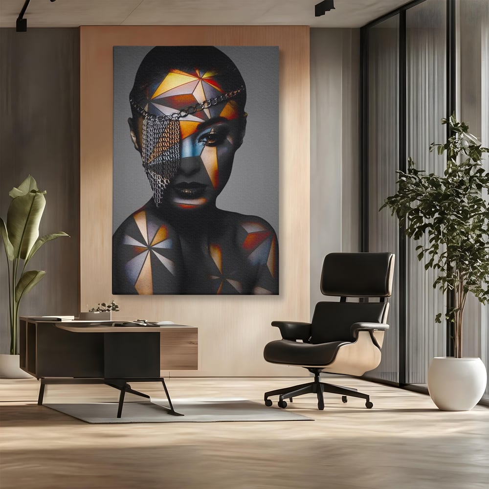 Tablou Canvas Premium, LuxCanva® J1028, Prizoniera in Stralucire, Mister, Lanturi, Chip, Identitate, Femeie, Portret, Privire, Fotomodel, Revista, Glamour, Living, Dormitor