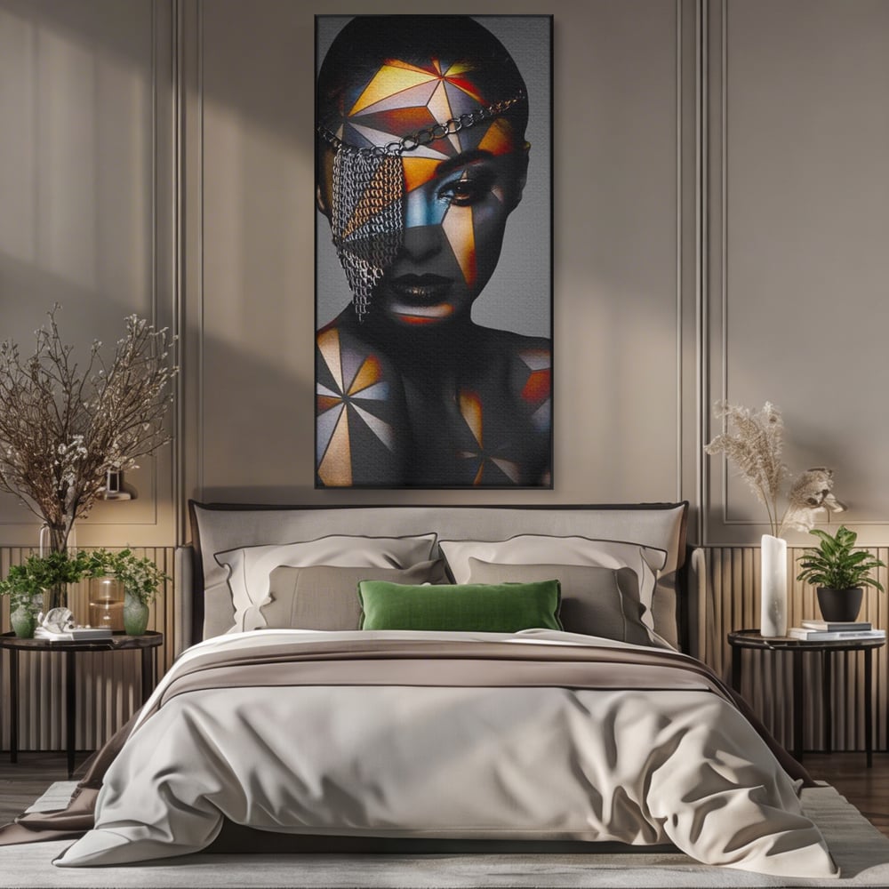 Tablou Canvas Premium, LuxCanva® J1028, Prizoniera in Stralucire, Mister, Lanturi, Chip, Identitate, Femeie, Portret, Privire, Fotomodel, Revista, Glamour, Living, Dormitor