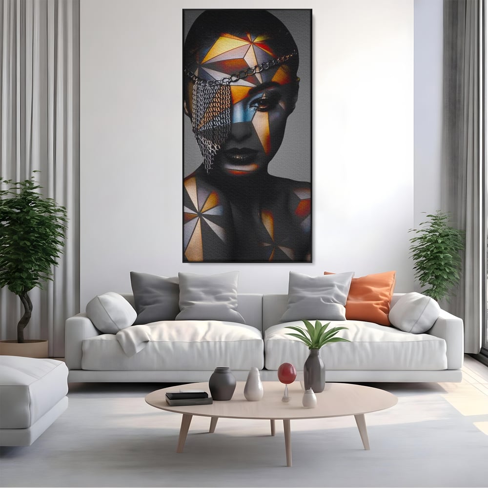 Tablou Canvas Premium, LuxCanva® J1028, Prizoniera in Stralucire, Mister, Lanturi, Chip, Identitate, Femeie, Portret, Privire, Fotomodel, Revista, Glamour, Living, Dormitor